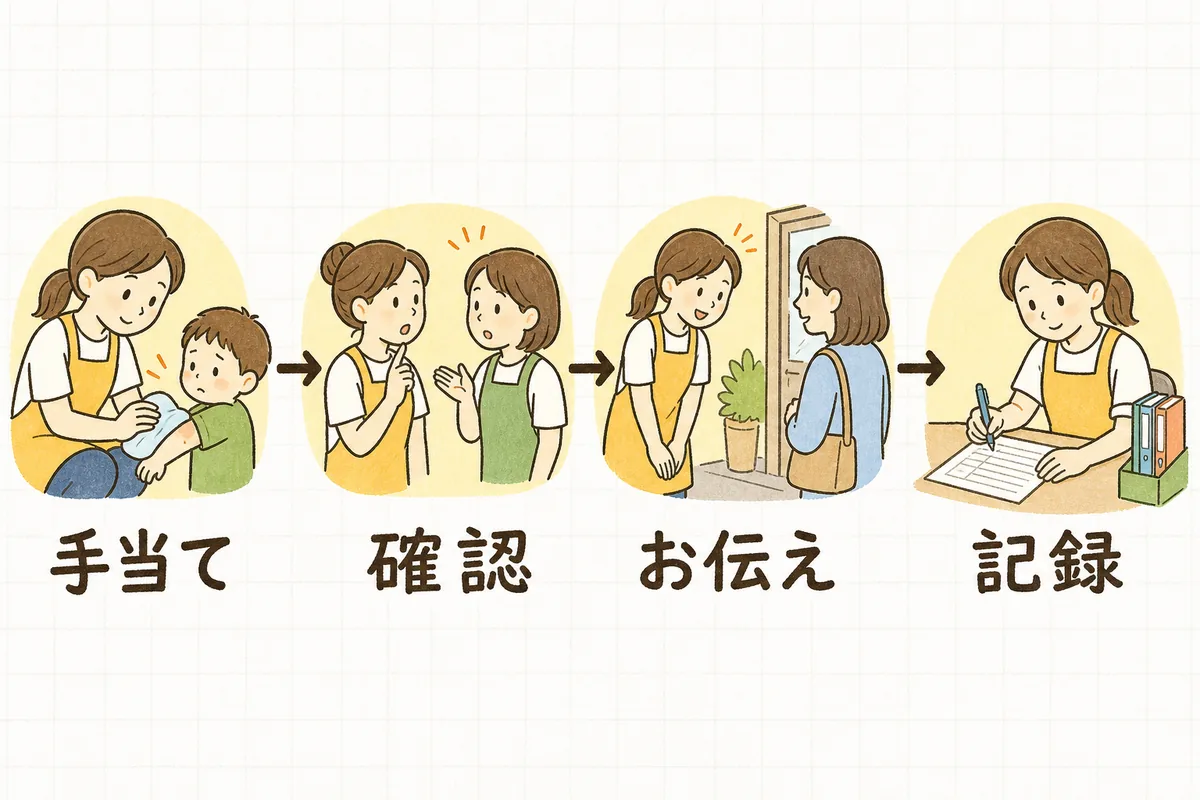 かみつきが起きた当日の対応を「手当て」「確認」「お伝え」「記録」の4場面で示した図