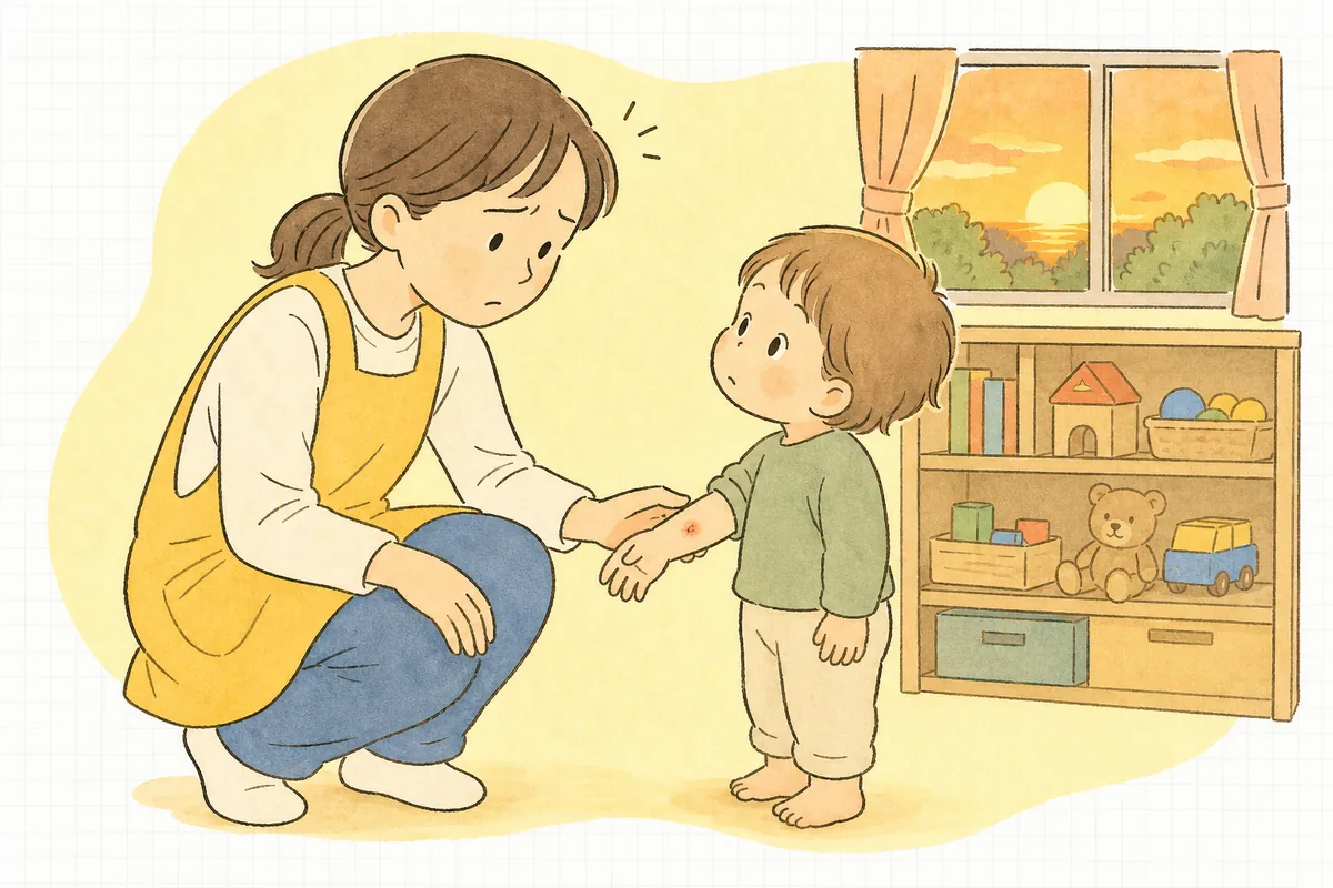 夕方の保育室で、腕にできた小さな噛みあとを見つけて表情をくもらせ、この後の保護者への説明を考えている保育園の職員