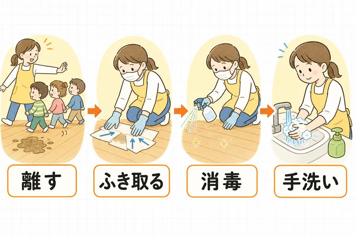 嘔吐処理の流れを「離す」「ふき取る」「消毒」「手洗い」の4つの場面で示した横並びの手順図