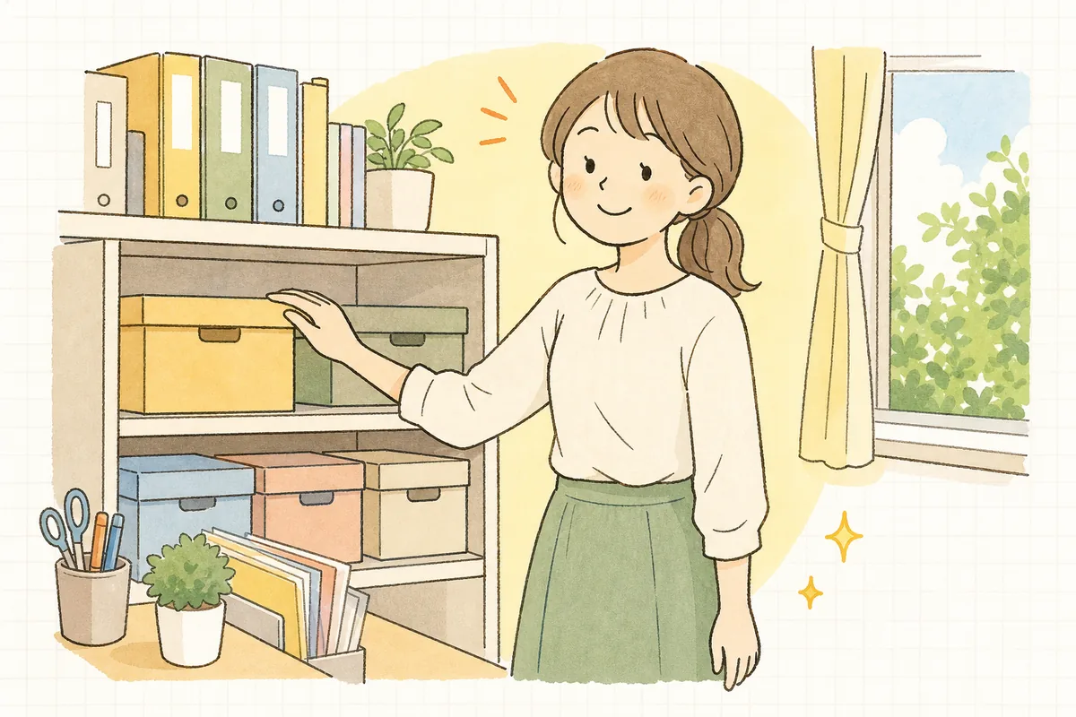 補充を終えた嘔吐処理セットの箱にふたをして、棚に戻しながらやわらかく微笑む保育園の事務担当者