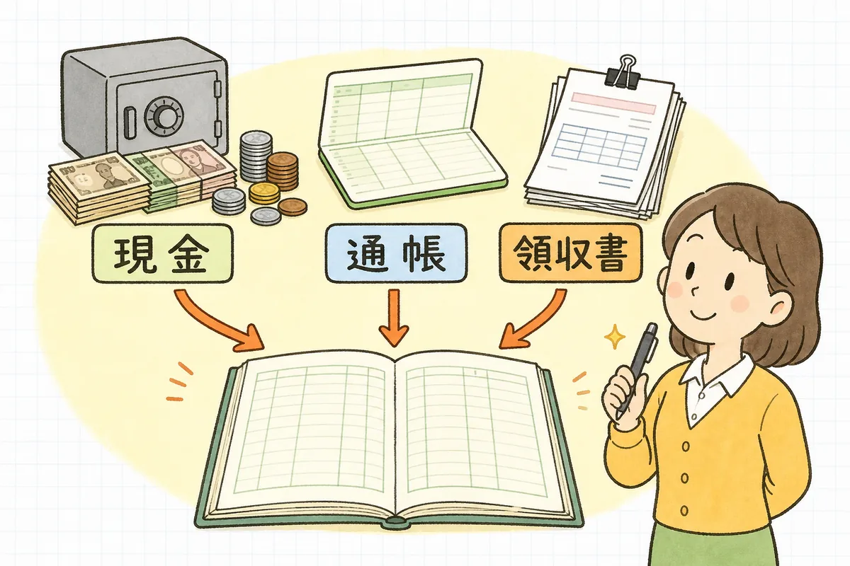 現金・通帳・領収書の3つを1冊の帳簿に突き合わせる流れを示した図