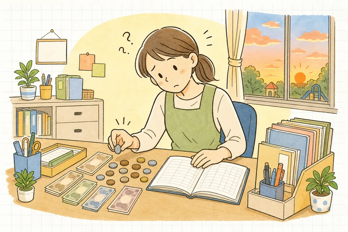 月末の事務室で金庫から出した現金を数え直し、帳簿の残高と合わずに首をかしげる保育園の事務担当者