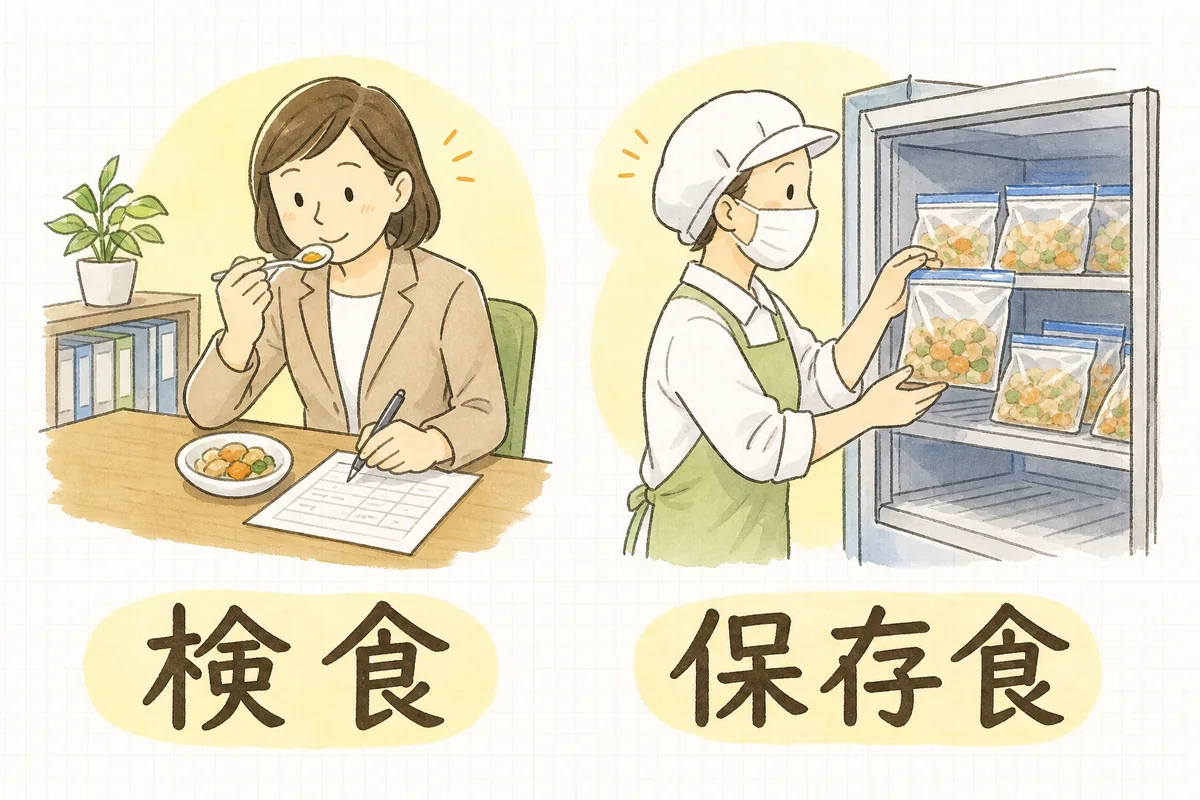 検食と保存食の違いを左右に並べて対比した図