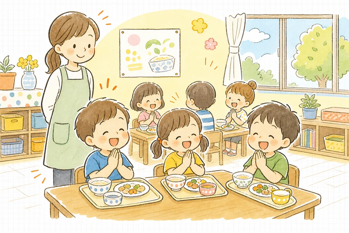 給食の時間、配膳された食事を前ににこやかに手を合わせる子どもたちと、その様子を見守る保育園の職員