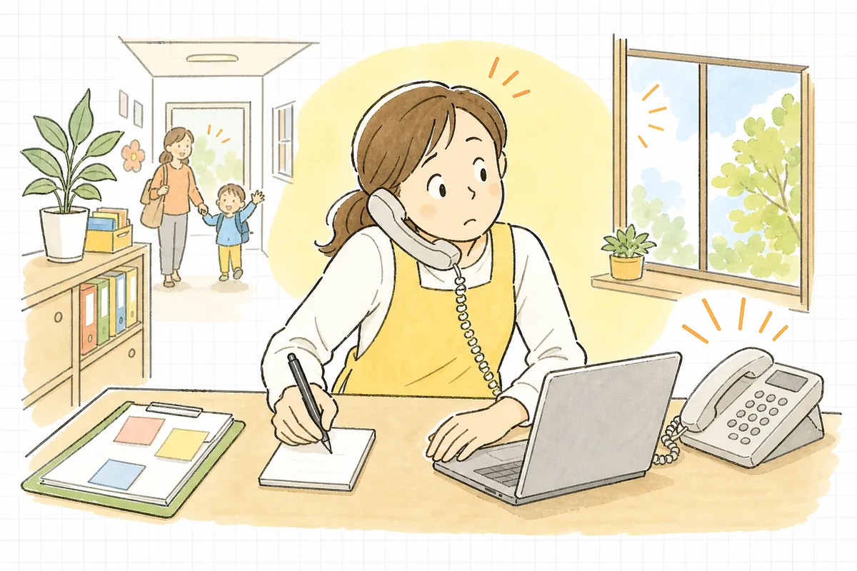朝の保育園の事務室で、受話器を耳と肩ではさんでメモを取りながら、もう一台鳴りだした電話に目をやっている事務担当者