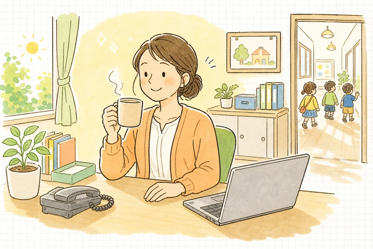 朝の保育園の事務室で、鳴らない電話のそばに座り、湯気の立つマグカップを手に穏やかな表情で一息ついている事務担当者