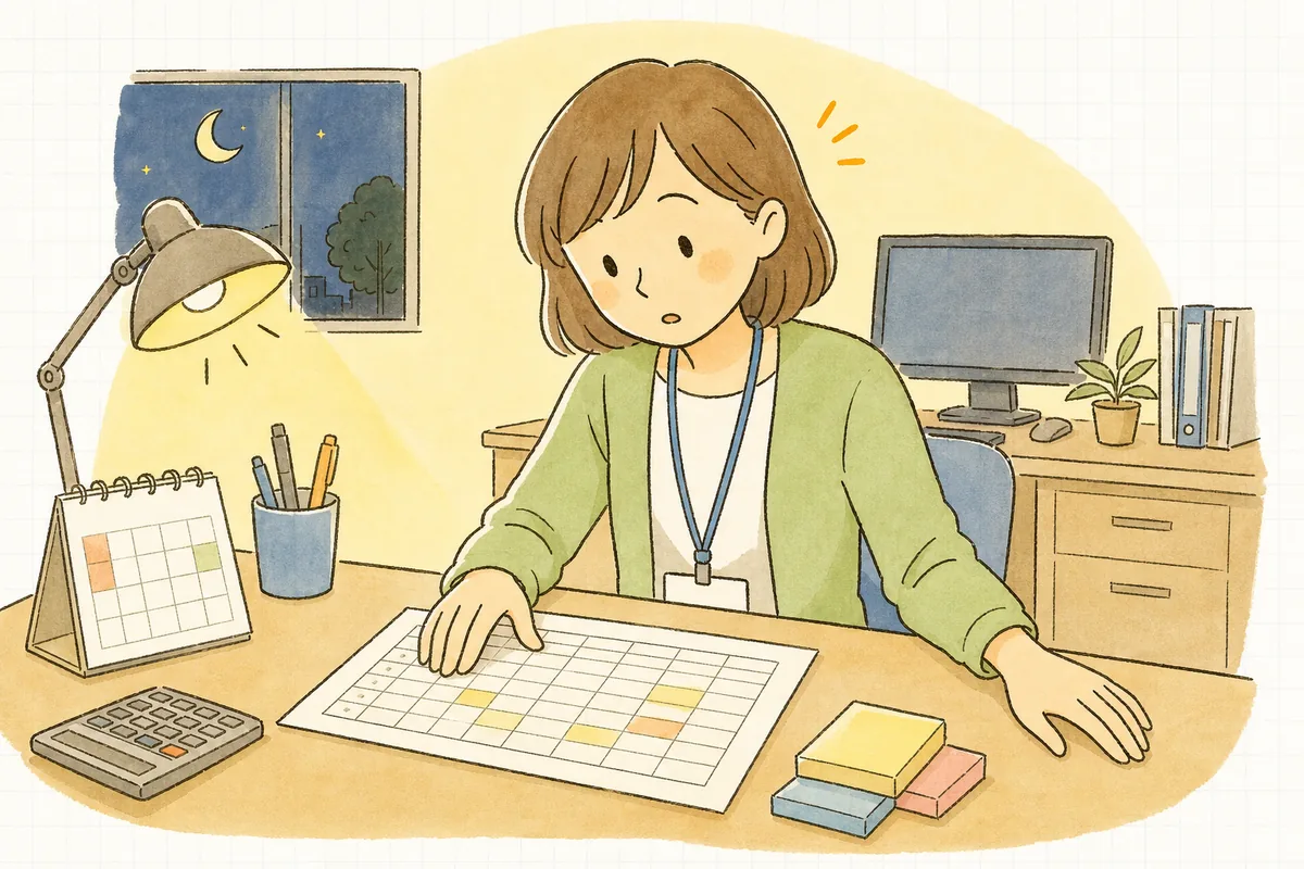 打刻データの一覧と勤務表を見比べながら、月末の勤怠締めを進めている保育園の事務担当者
