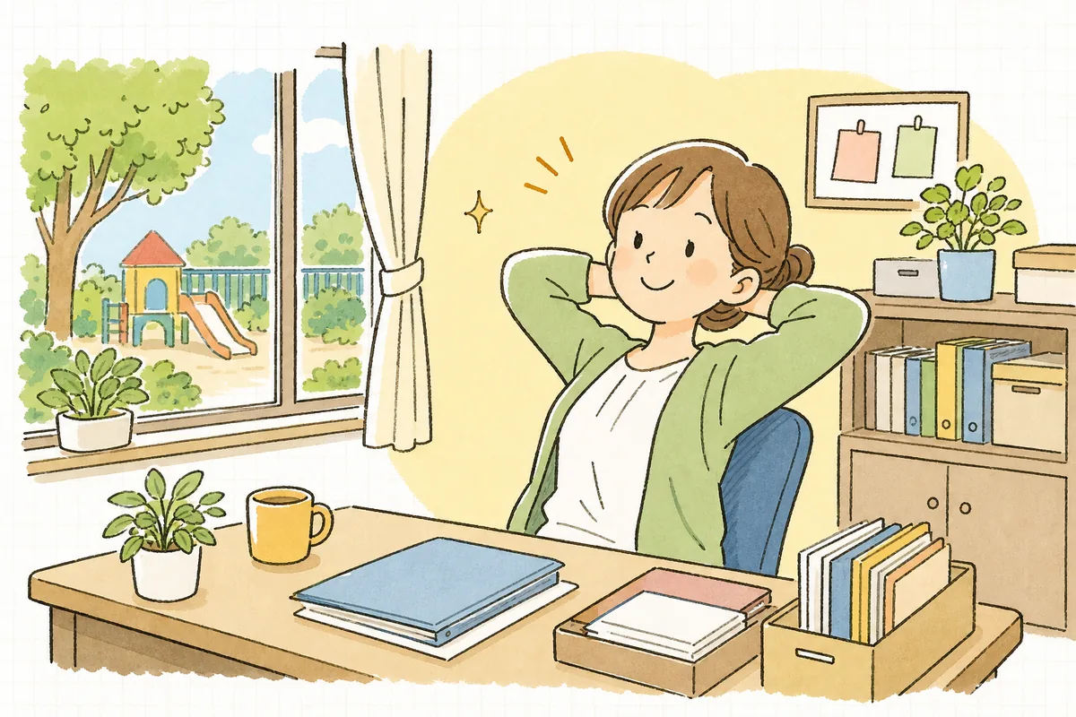 給与計算を終えて、窓辺の明るい光の中でほっと肩の力を抜いている保育園の事務担当者