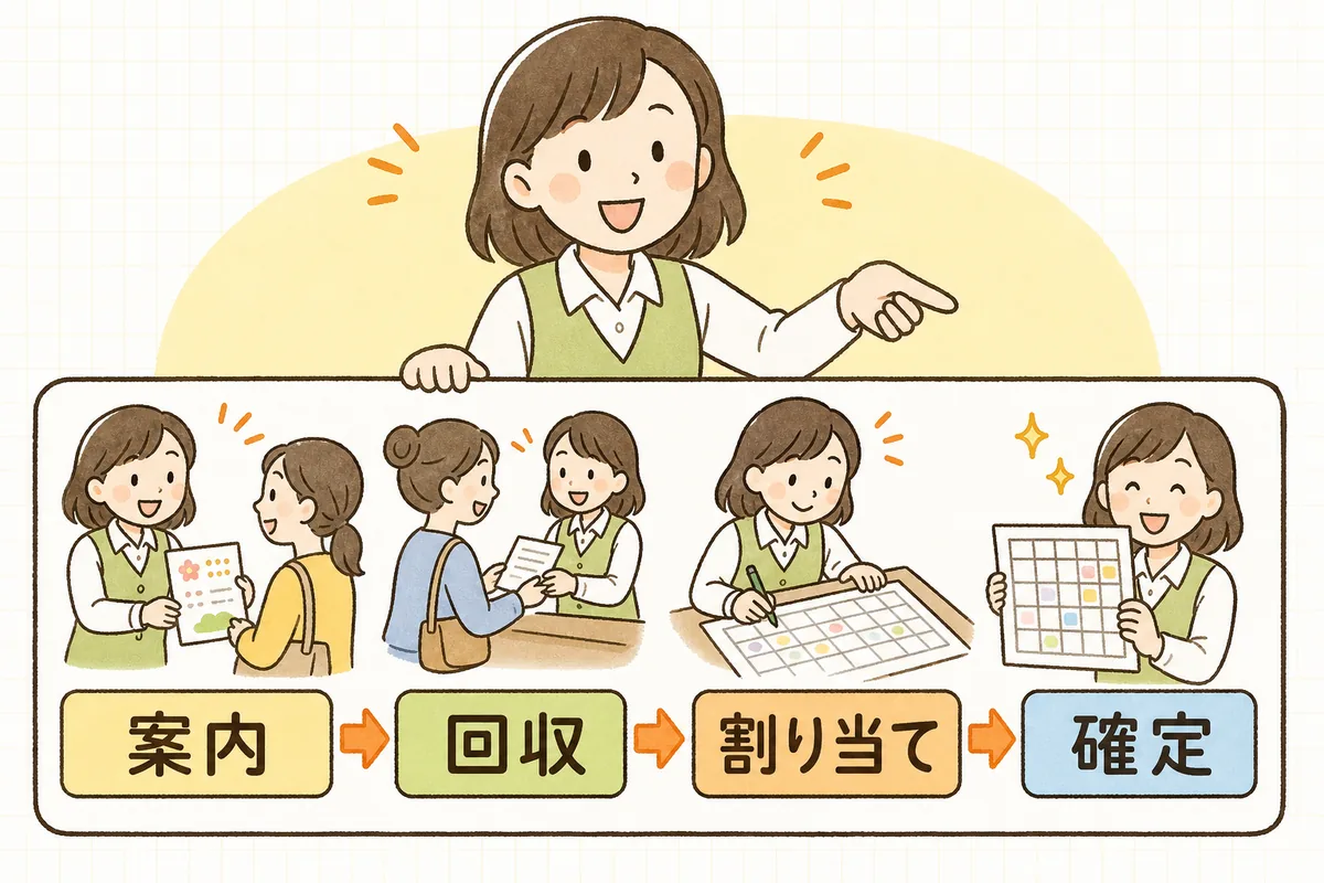 日程調整を「案内・回収・割り当て・確定」の四つの段階に分けて左から順に並べた流れ図を指し示す保育園の事務担当者