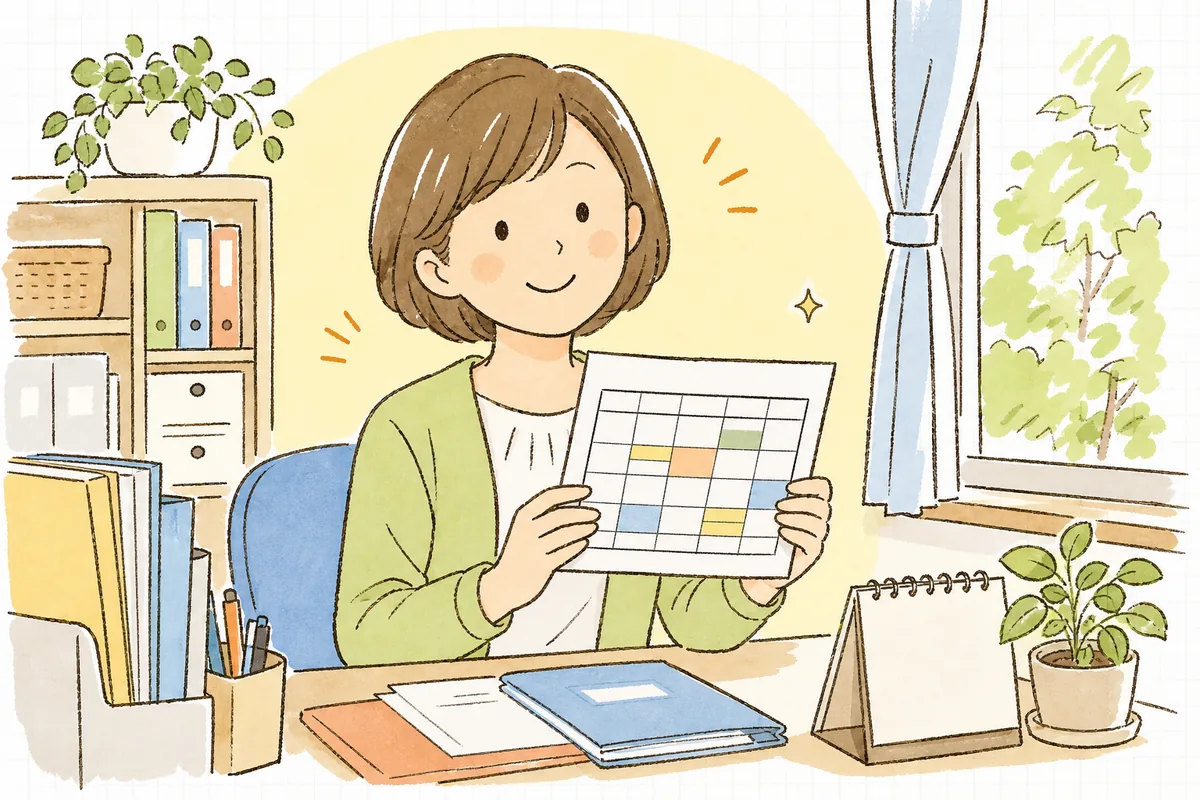 確定した面談の予定表を手に、保護者に落ち着いて案内できそうな表情でほほえむ保育園の事務担当者