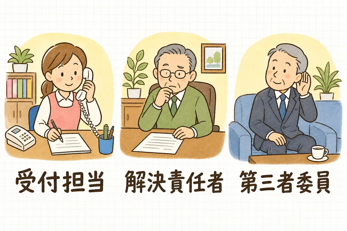 苦情解決に関わる3つの役割を、受付担当・解決責任者・第三者委員の順に並べて示した図