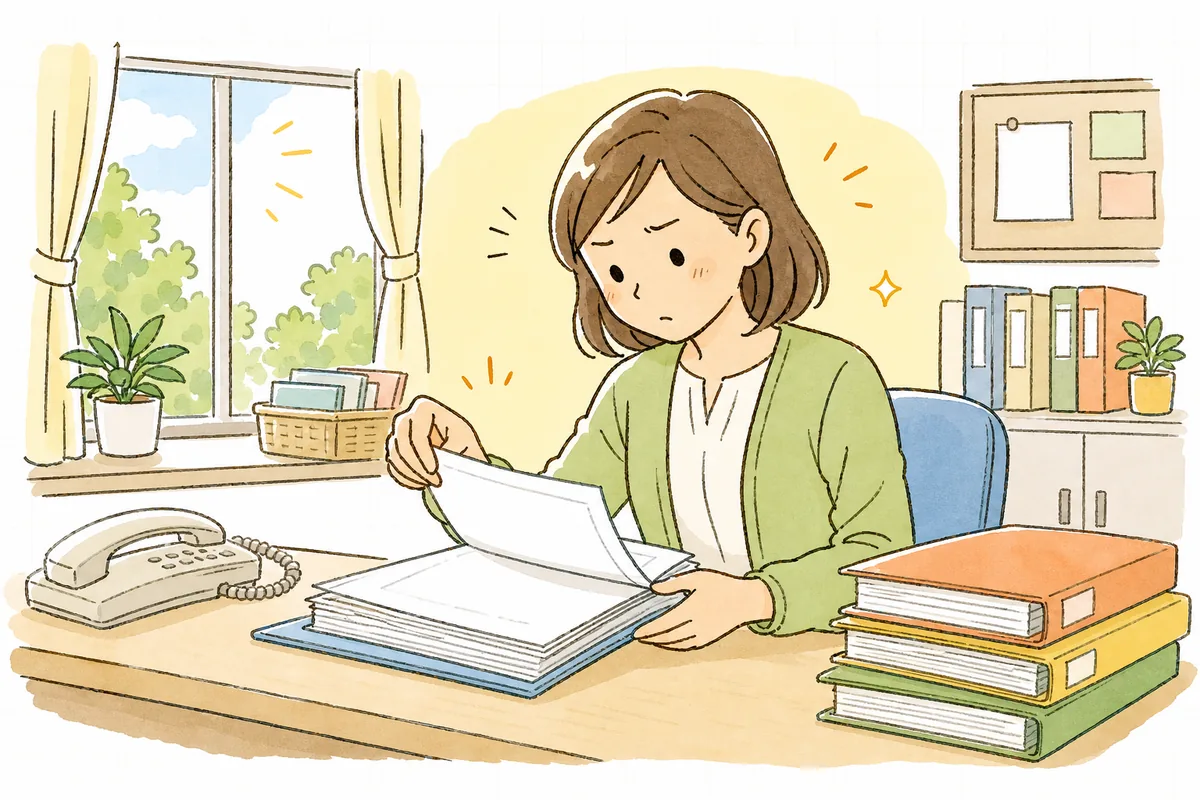 監査で苦情解決の記録を尋ねられ、書類の綴りをめくりながら確かめている保育園の事務担当者