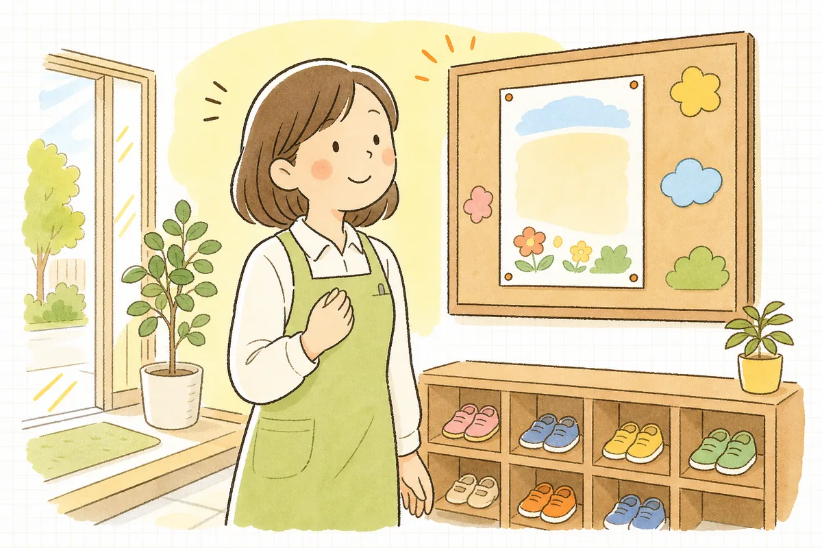 苦情解決の案内を新しく貼り替え、園の玄関で穏やかな表情を見せる保育園の事務担当者