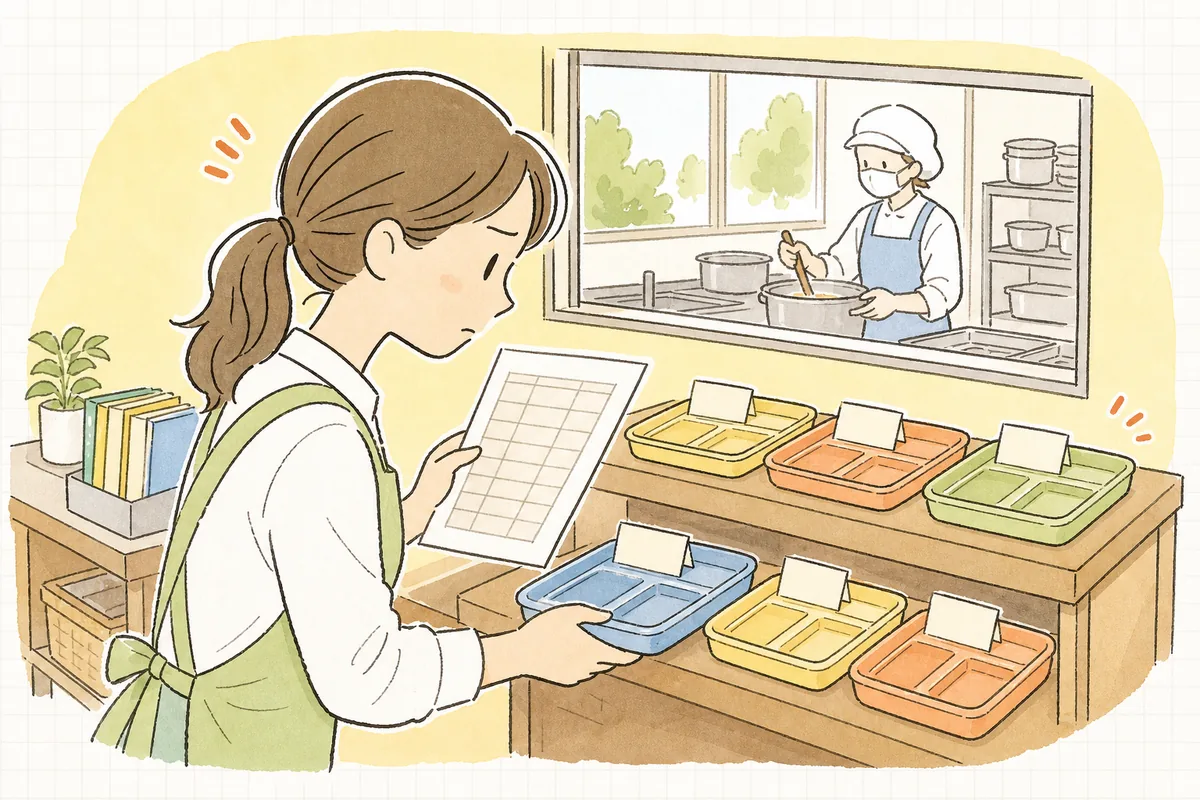 除去食のトレーと確認表を手に、給食室と保育室の間で真剣に確認する保育園の事務担当者