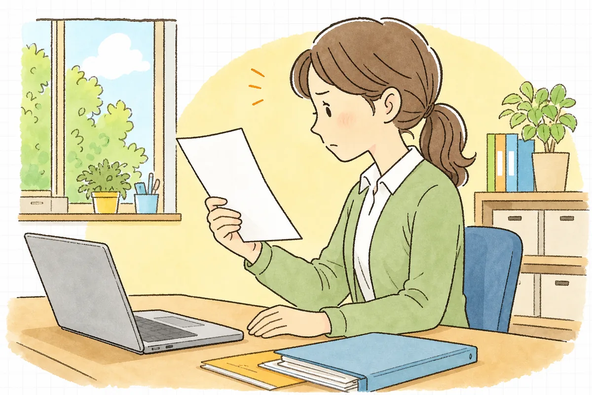 市区町村からの給付費に関する通知を手に、少し不安そうな表情で内容を確認している保育園の事務担当者