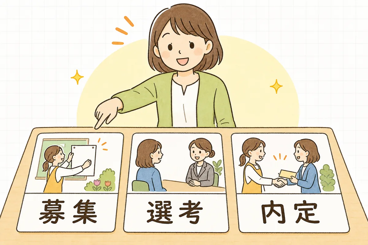 採用の事務を「募集」「選考」「内定」の三つのまとまりに分けて示した図