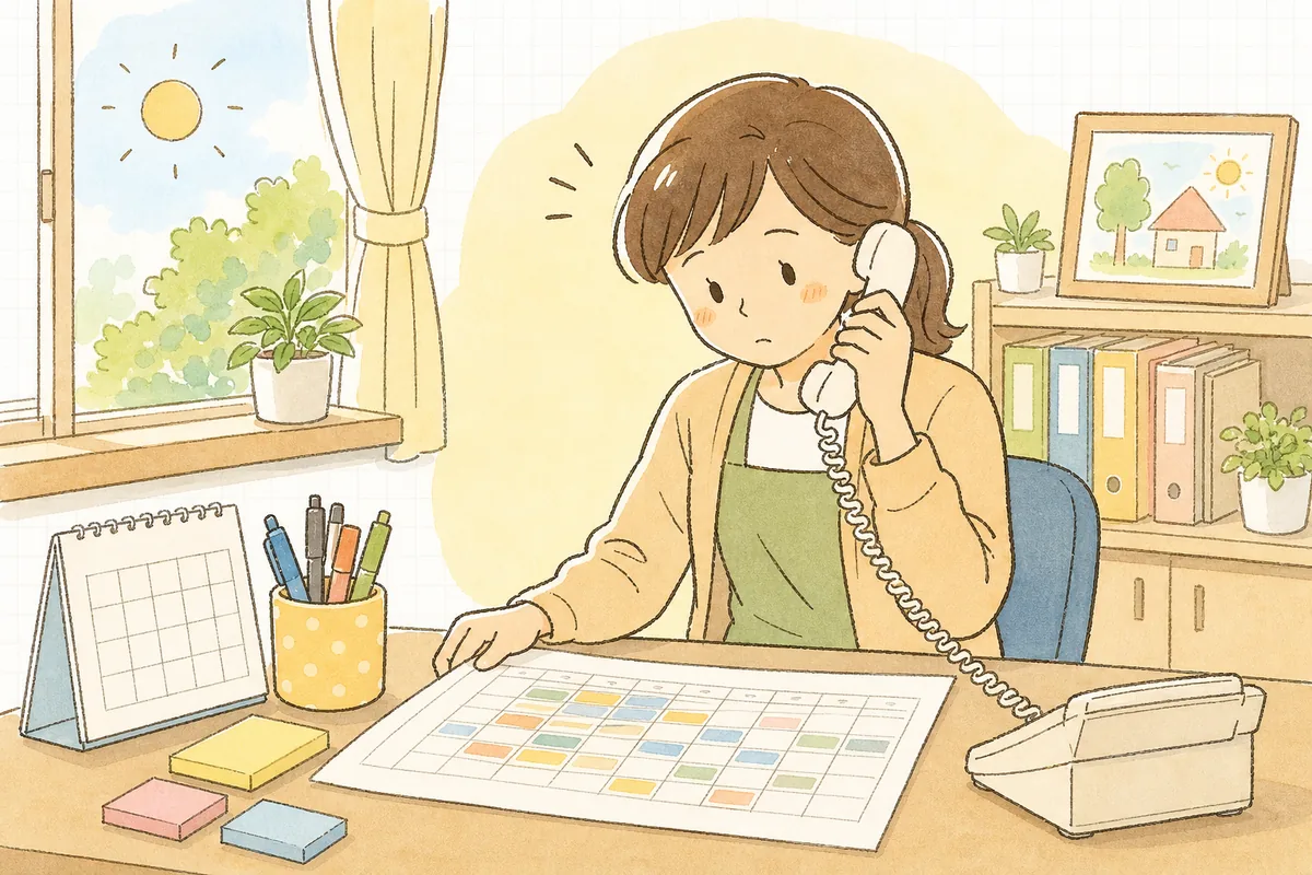 早朝の保育園の事務室で、電話を受けながらシフト表に目を落とし、今日の配置を考えている事務担当者