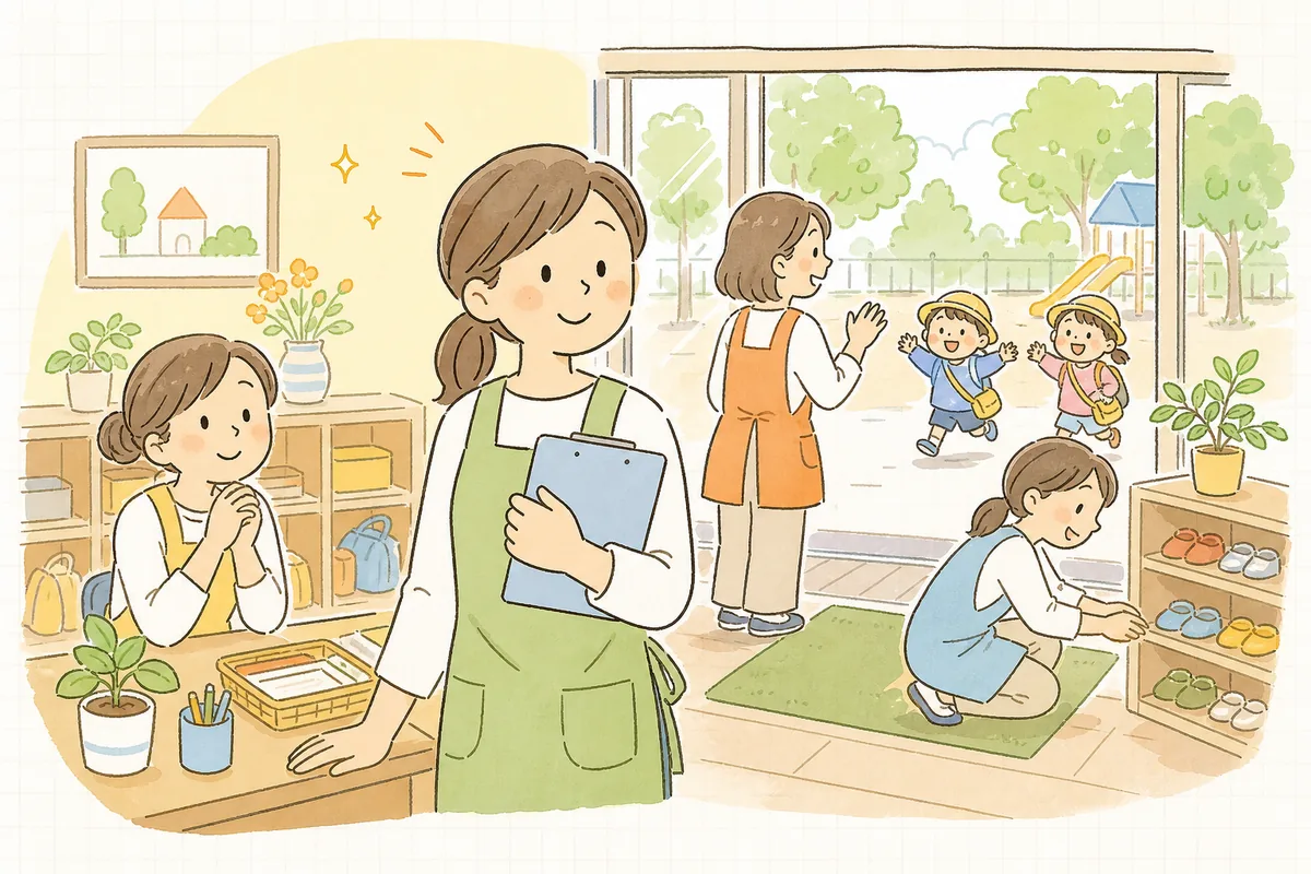 応援の連絡が済んで配置が整い、登園してきた子どもを穏やかに迎える準備ができた保育園の職員