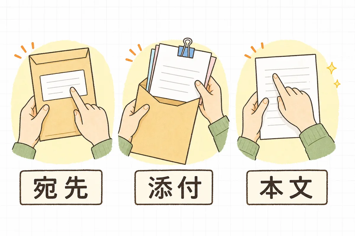 送信前に確認する3つを並べた図。左は封筒の宛名を指で確かめる場面、中央は書類を封筒に留める場面、右は便箋の文面を読み返す場面