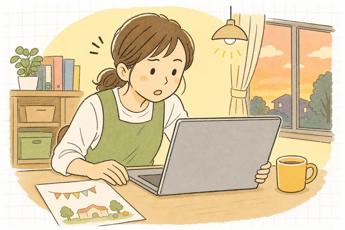 夕方の保育園の事務室で、送信したばかりのパソコン画面を見つめ、宛先が合っていたか確かめようとしている事務担当者