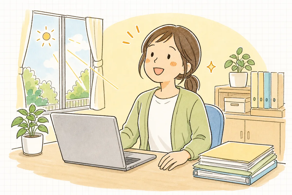 朝の保育園の事務室で、送信を終えたパソコンの前で肩の力を抜き、ほっとした表情で顔を上げている事務担当者