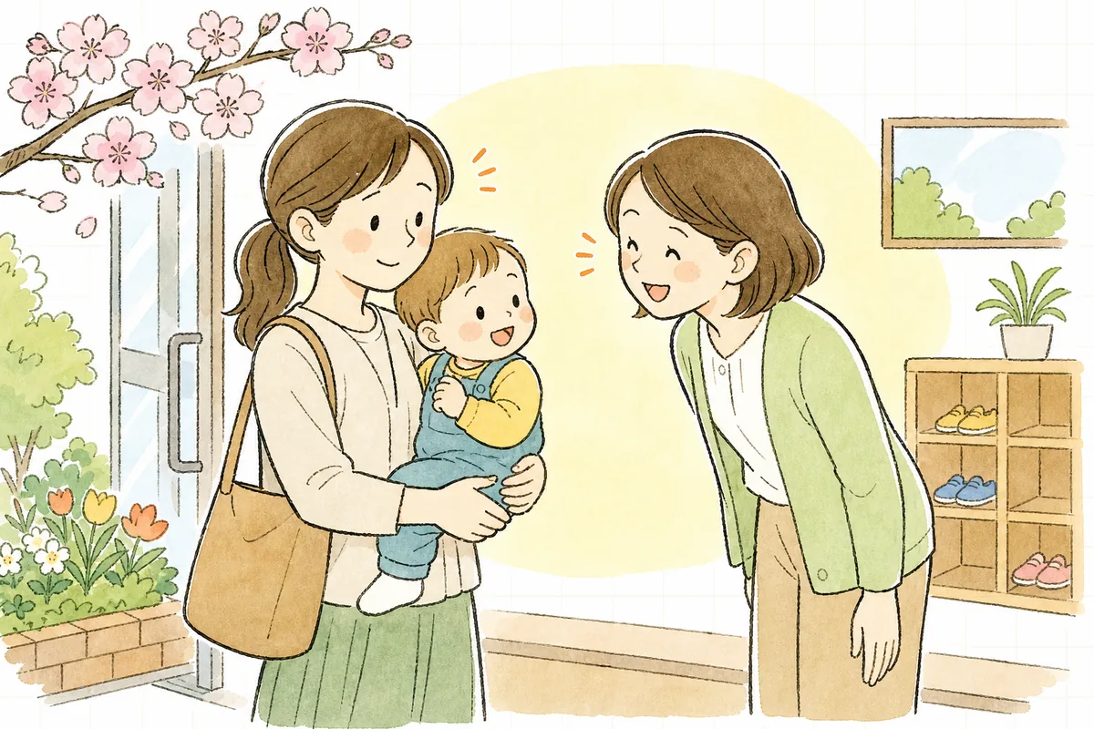 春の朝の保育園の玄関で、小さな子どもを抱っこした保護者を、事務担当者がやさしい笑顔で出迎えている場面