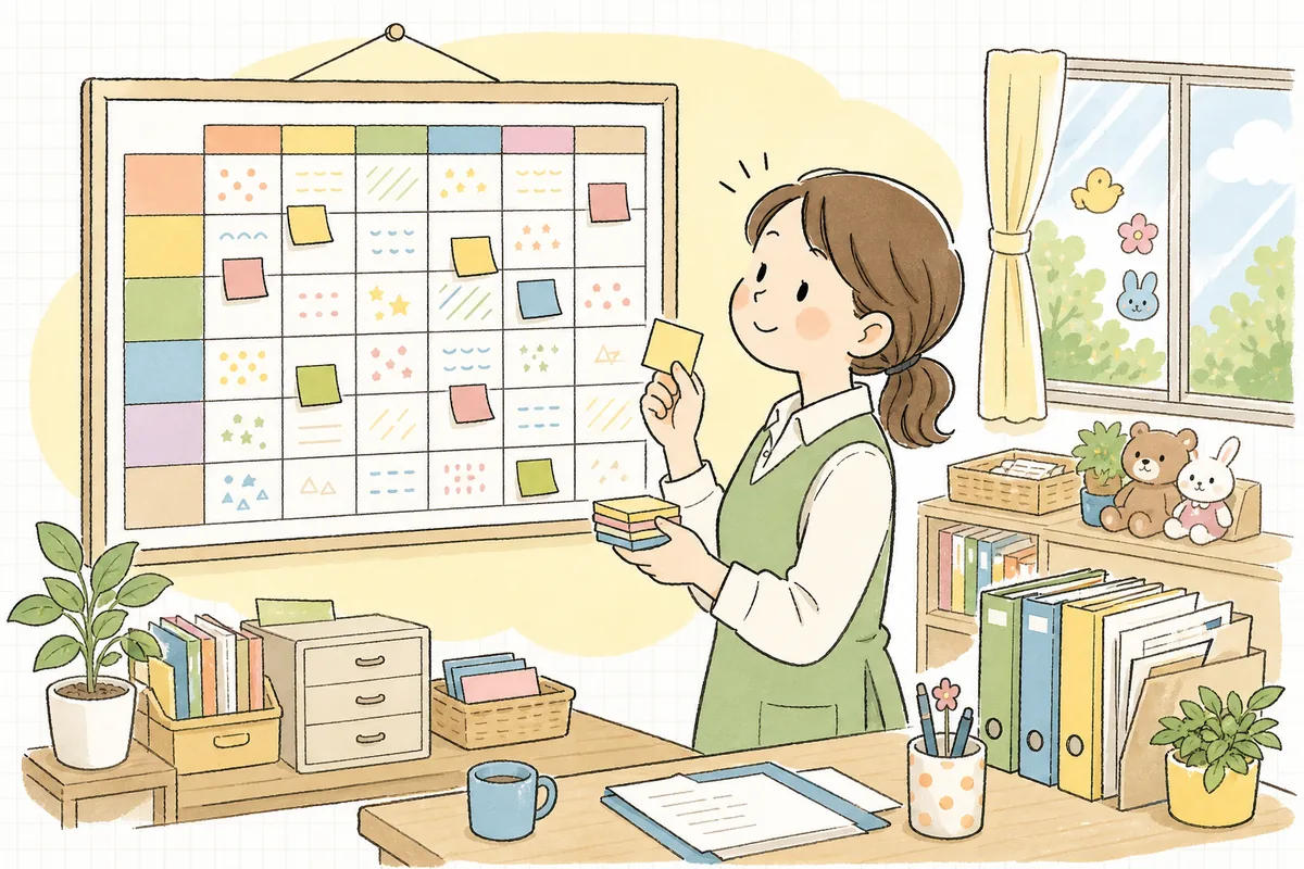 壁に貼った大きな年間カレンダーを見上げ、付箋を貼りながら一年の段取りを確かめる保育園の事務担当者