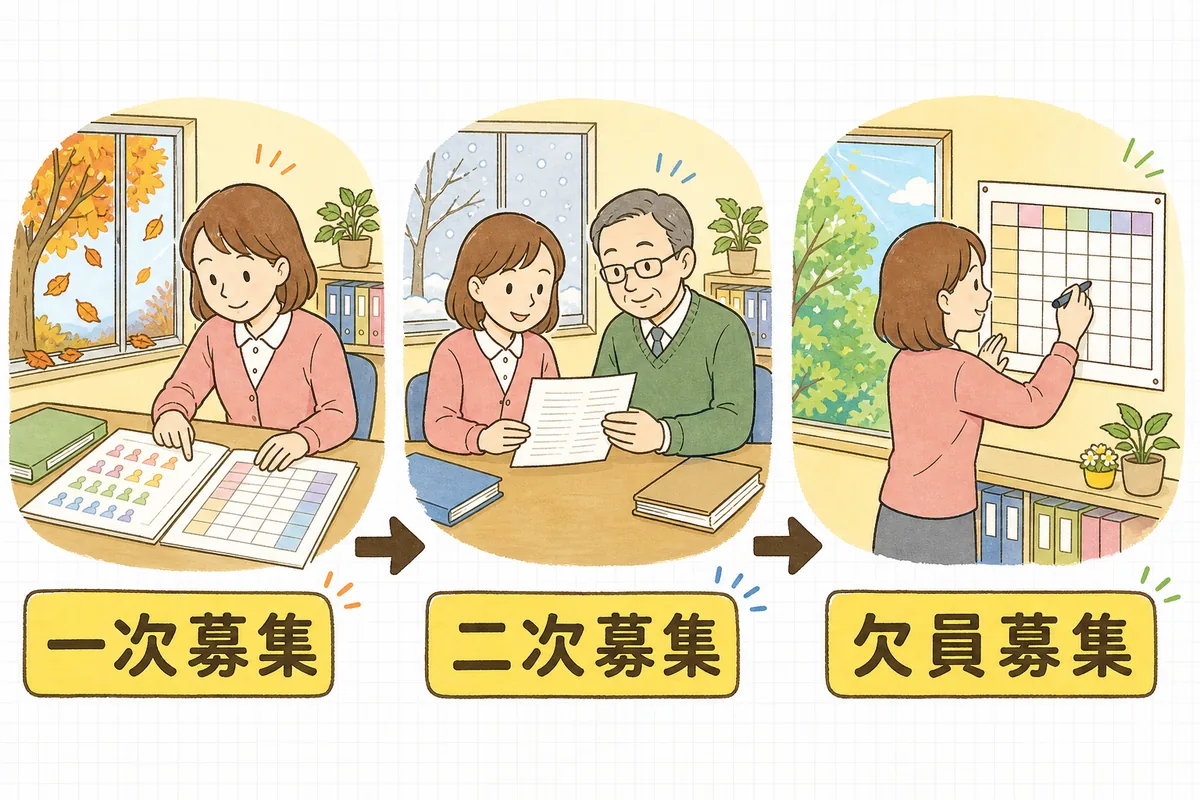 秋の一次募集、冬の二次募集、年度中に毎月続く欠員募集という三つの時期を左から右に並べ、それぞれで園がすることを示した図