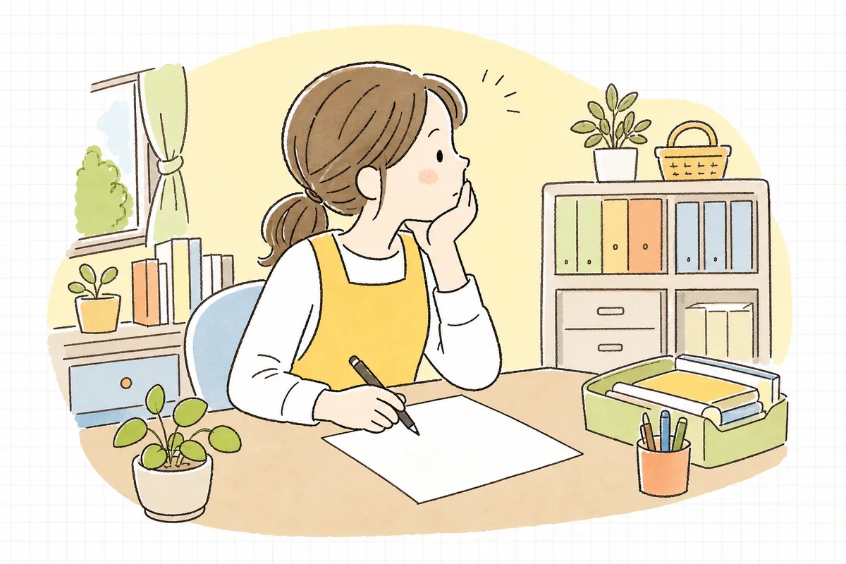 白い用紙とペンを前に、おたよりの書き出しに迷って頬に手を当て考え込む保育園の事務担当者