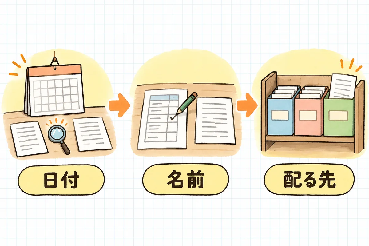 左にカレンダーとおたよりを並べた絵と「日付」、中央に名簿とおたよりを並べた絵と「名前」、右にクラスごとのお便り袋とおたよりの絵と「配る先」のラベルを並べた図
