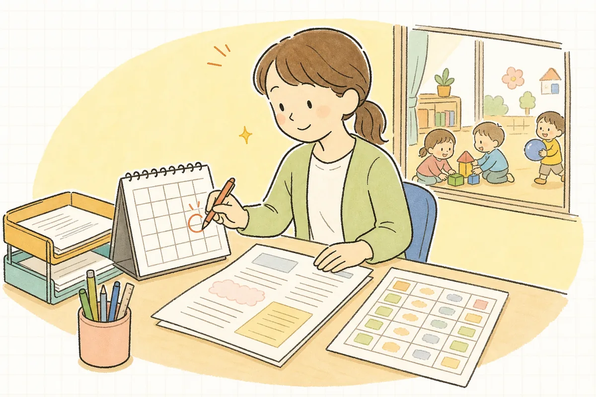 卓上カレンダーとおたよりの下書きを見比べながら、献立表の締め切り日に印をつけている保育園の事務担当者