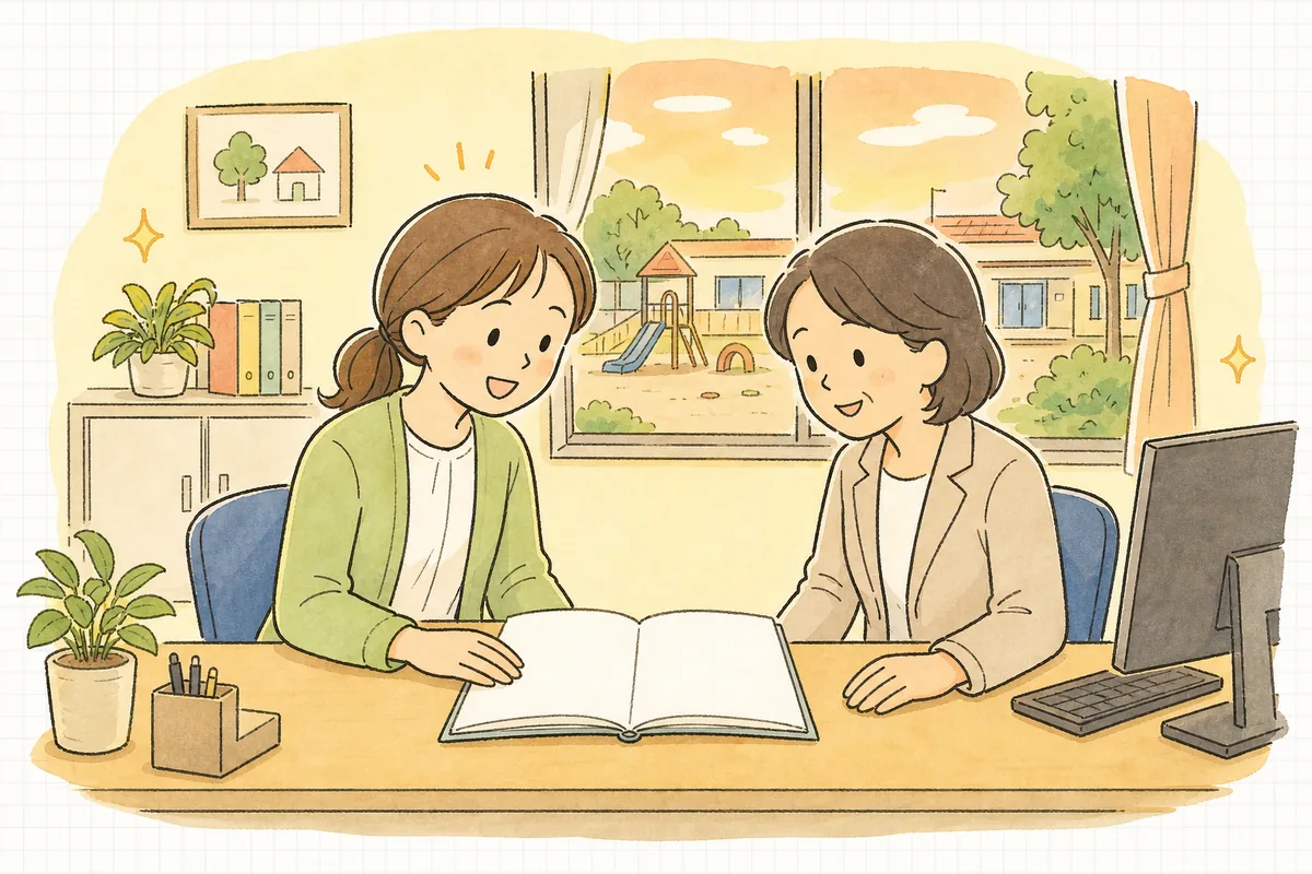 事務室で、事務担当者と園長が一冊のノートを開いて一緒に確認し、穏やかに笑っている場面