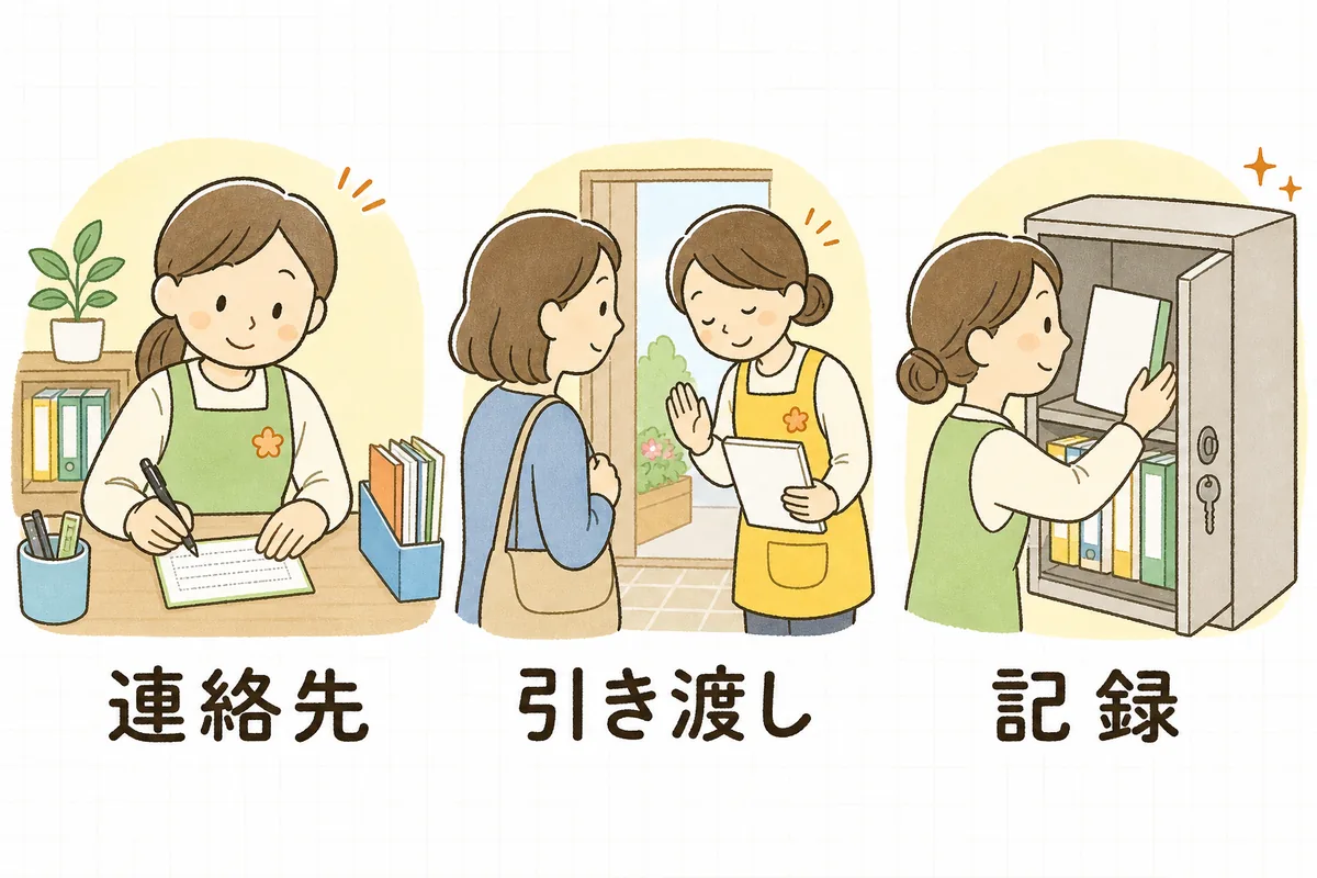 家庭状況の変更を聞いたあとに園でそろえる「連絡先」「引き渡し」「記録」の3つを並べて示した図