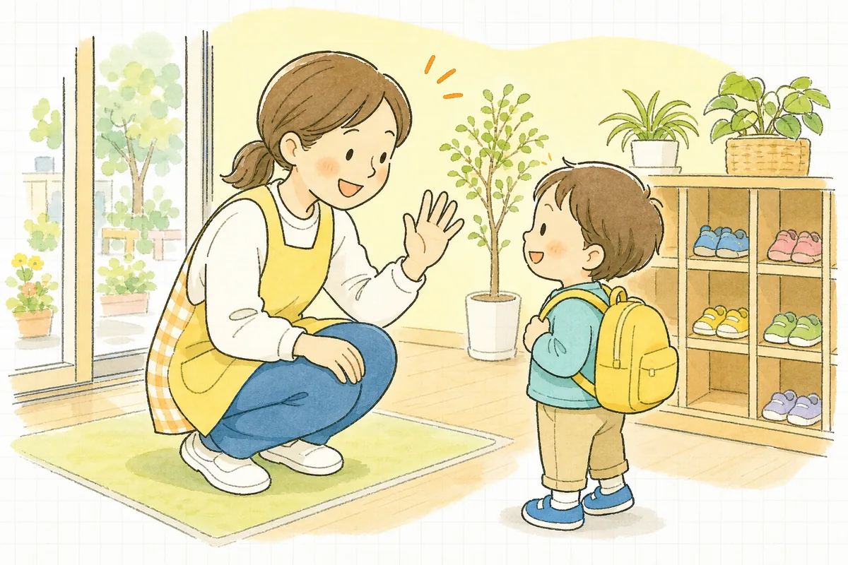 朝の明るい保育園の玄関で、登園してきた子どもを職員がしゃがんで笑顔で迎えている場面