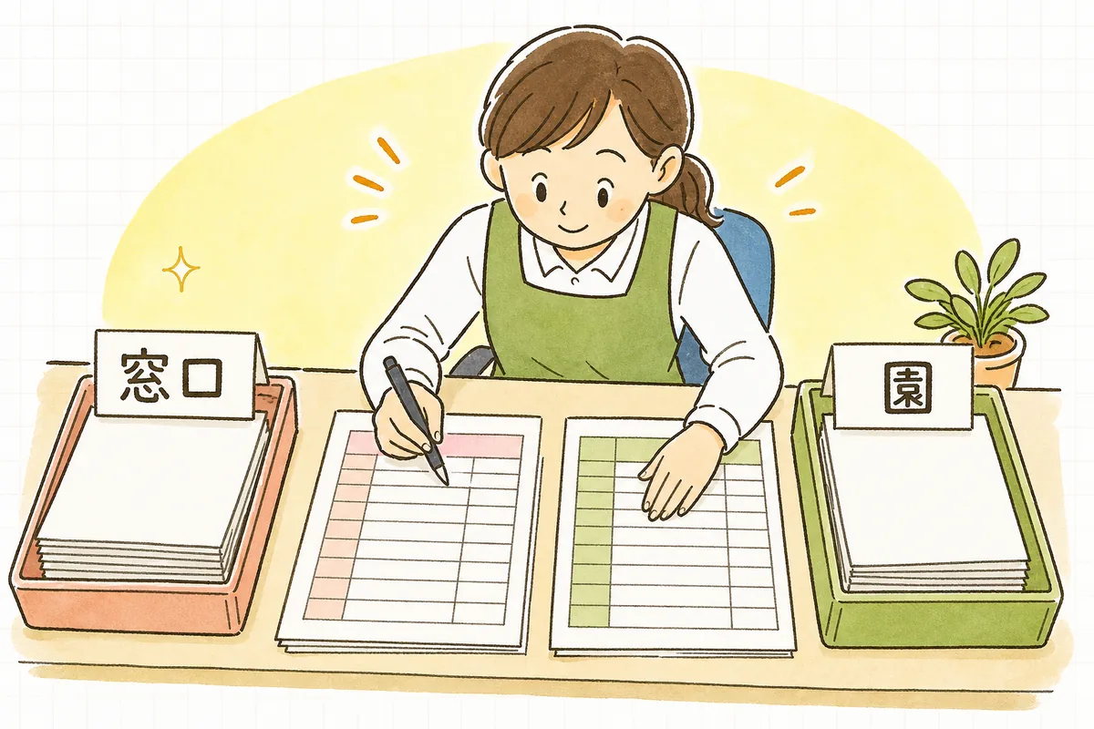 「点数の判定は市区町村」「園は書類の受付と受け入れ」という役割の分かれ目を、申込書類と園の名簿を照らして確認する事務担当者