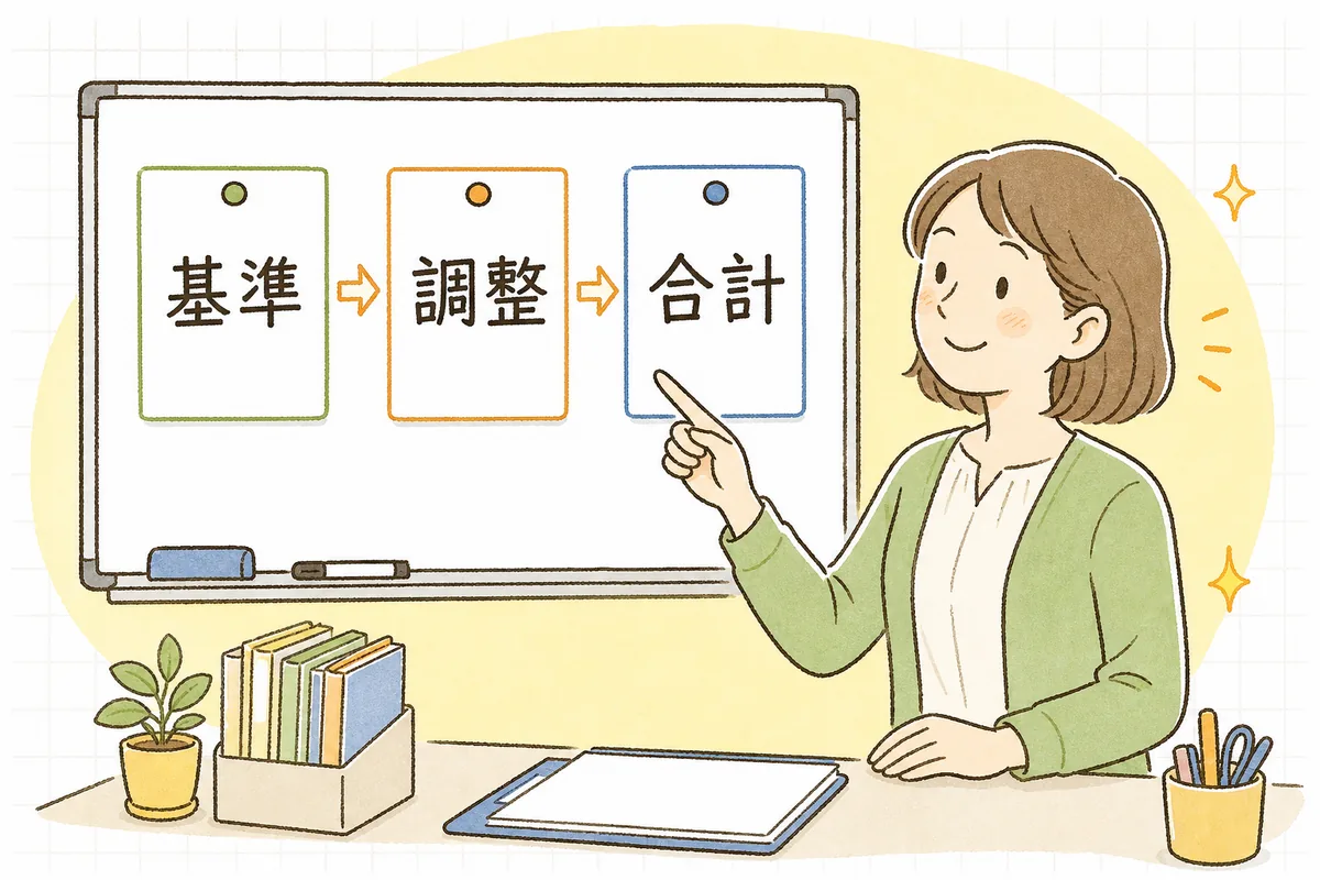 「基準指数」と「調整指数」を足して合計の点数を出す、という点数の組み立てを指さして確かめる事務担当者