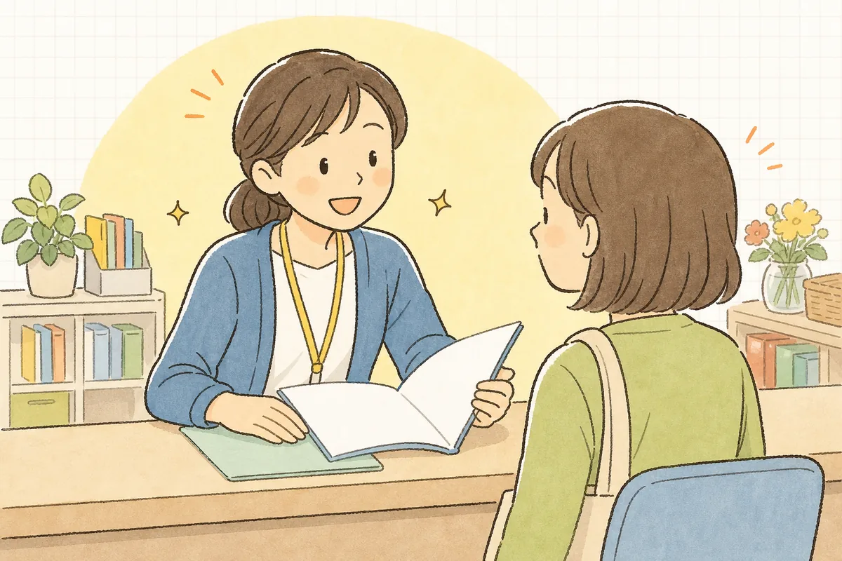 保護者から「うちは何点で入れますか」と相談を受け、資料を開いて一緒に確かめようとする保育園の事務担当者