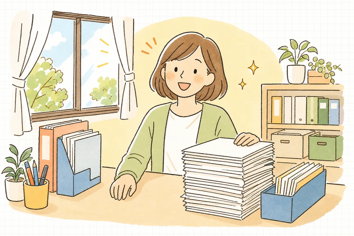 申込書類を整え終え、保護者を窓口へ案内できたことにほっと表情をゆるめる保育園の事務担当者