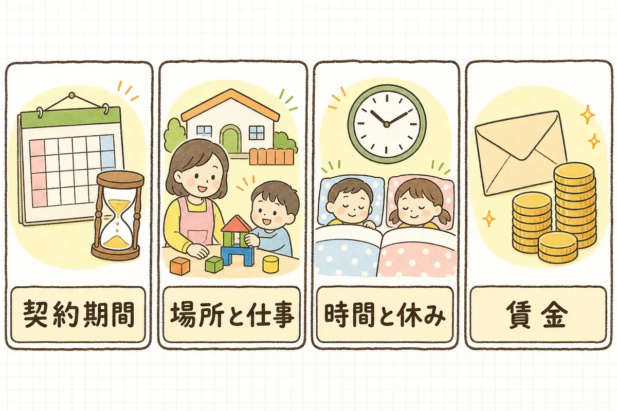 労働条件通知書の項目を「契約期間」「場所と仕事」「時間と休み」「賃金」の4つのまとまりで示した図