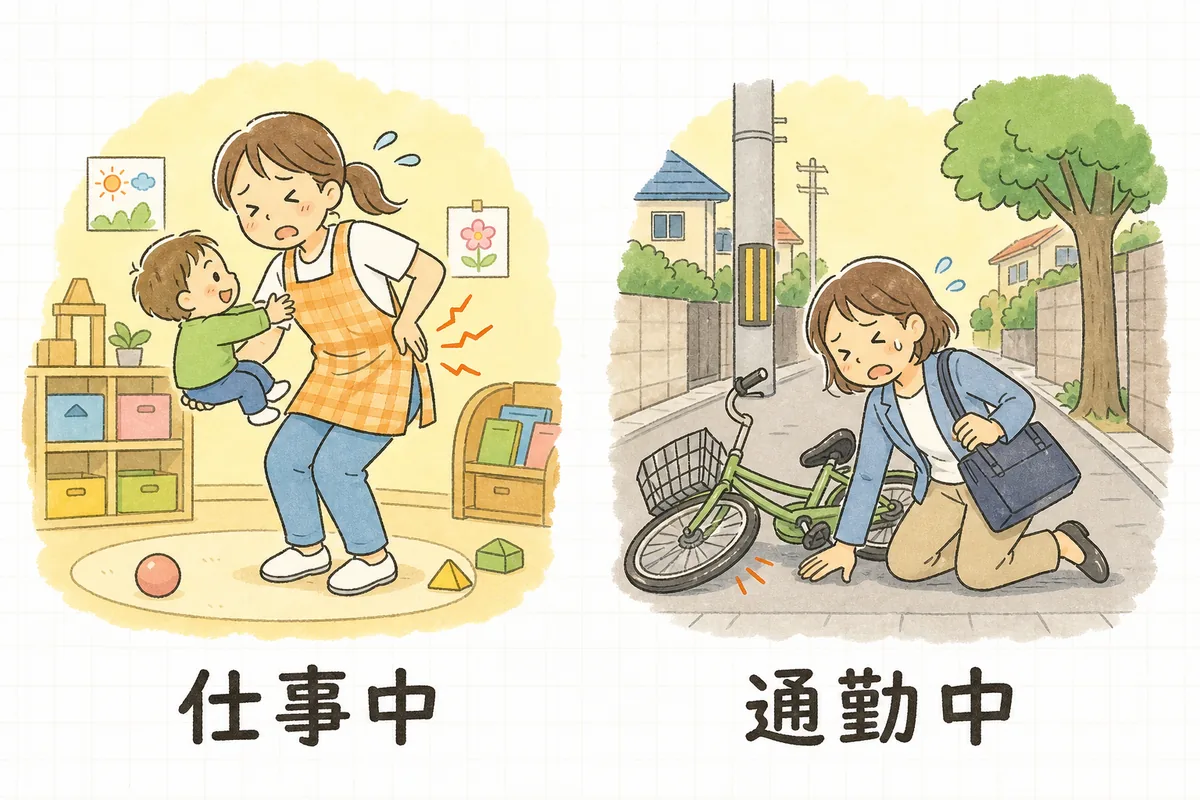 労災の2つの入口を示した図。左は保育室で子どもを抱き上げて腰を押さえている保育士、右は通勤途中の道で自転車ごと転んでいる職員