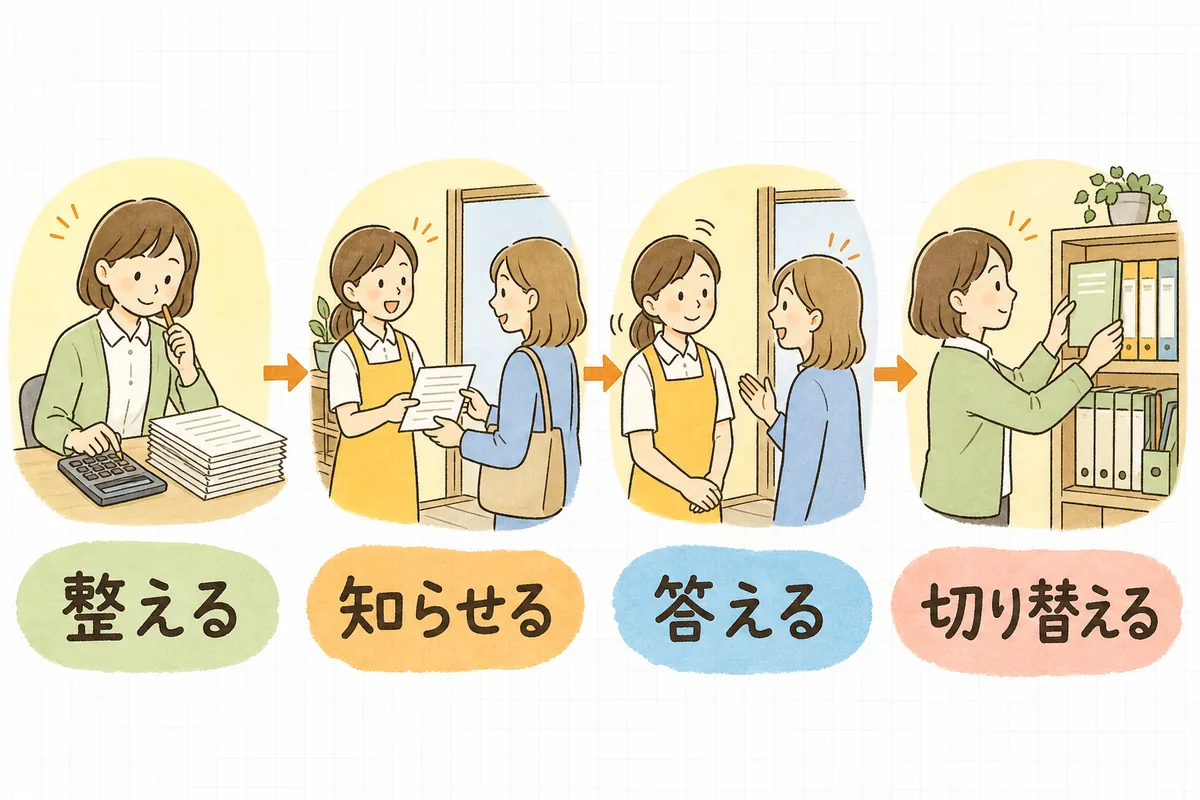 料金変更の案内の流れを「整える」「知らせる」「答える」「切り替える」の4場面で示した図