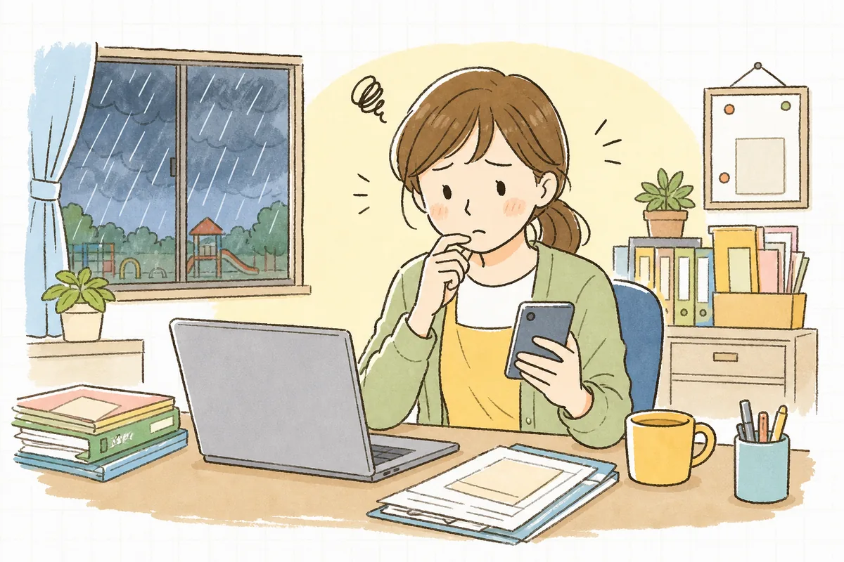 早朝の事務室で、窓の外の激しい雨を気にしながら、保護者への一斉連絡をどう送るか考え込む保育園の事務担当者