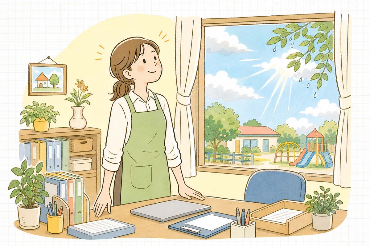 雨上がりの朝、一斉連絡を送り終えて窓の外の晴れ間を見上げ、ほっと肩の力が抜けた保育園の事務担当者