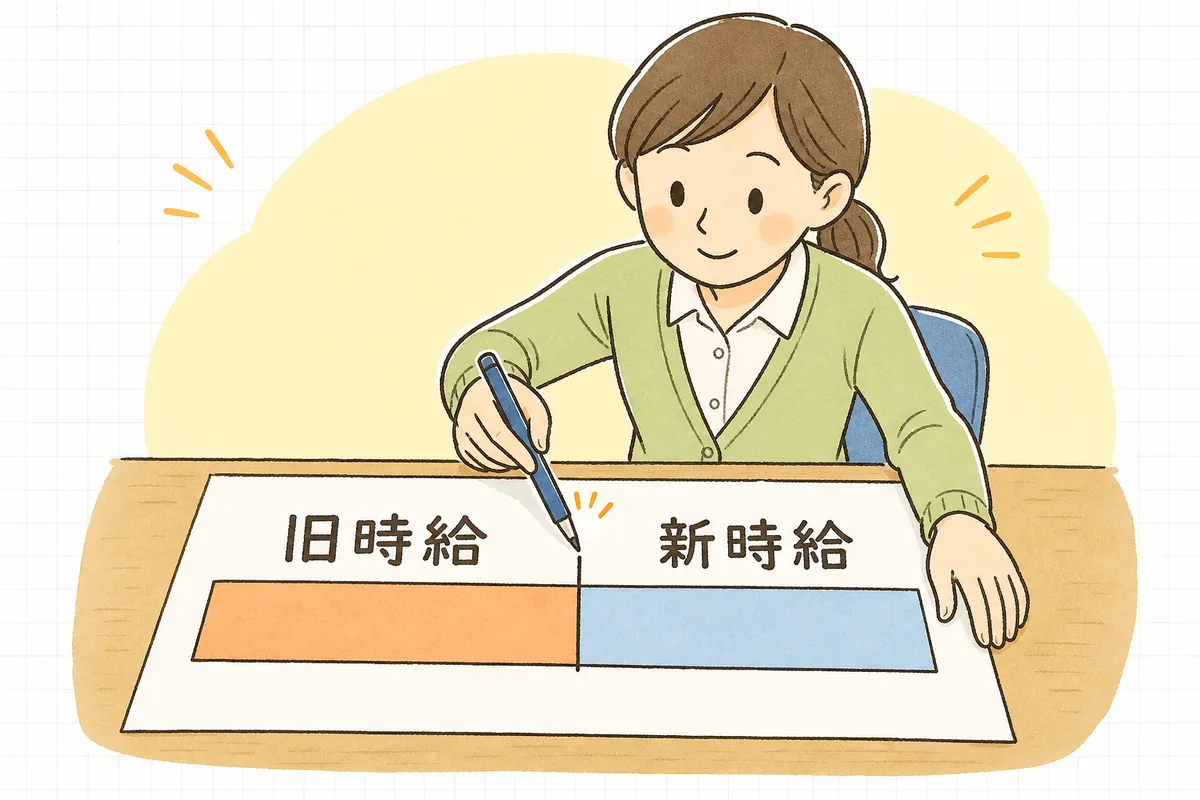 給与計算の1か月分を表す帯が発効日の縦線で左右に分かれ、左側が旧時給、右側が新時給になっていることを示した図