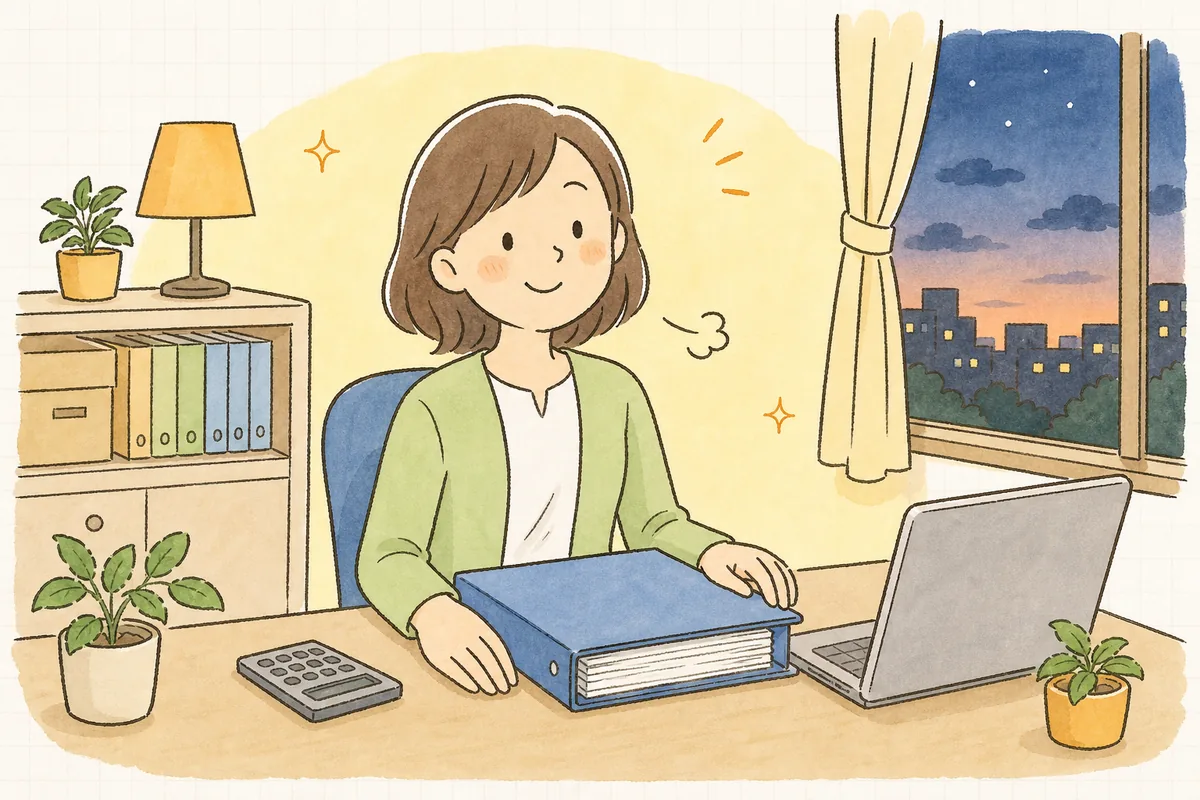 更新し終えた時給一覧を前に、ほっと肩の力を抜いてほほえむ保育園の事務担当者