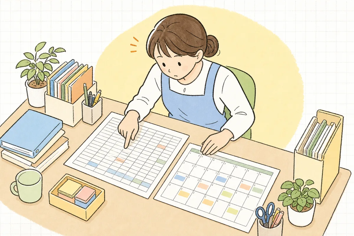 職員の勤務時間の記録とカレンダーを見比べ、今月の残業が増えていないか確かめている保育園の事務担当者
