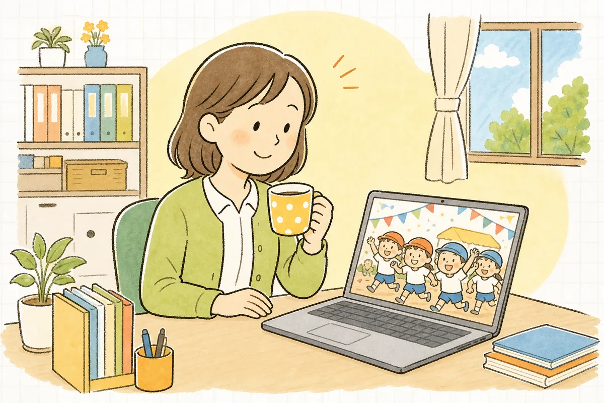 運動会の写真販売を終え、すっきり片付いた事務室の机で、お茶を手にほっとほほえむ保育園の事務担当者
