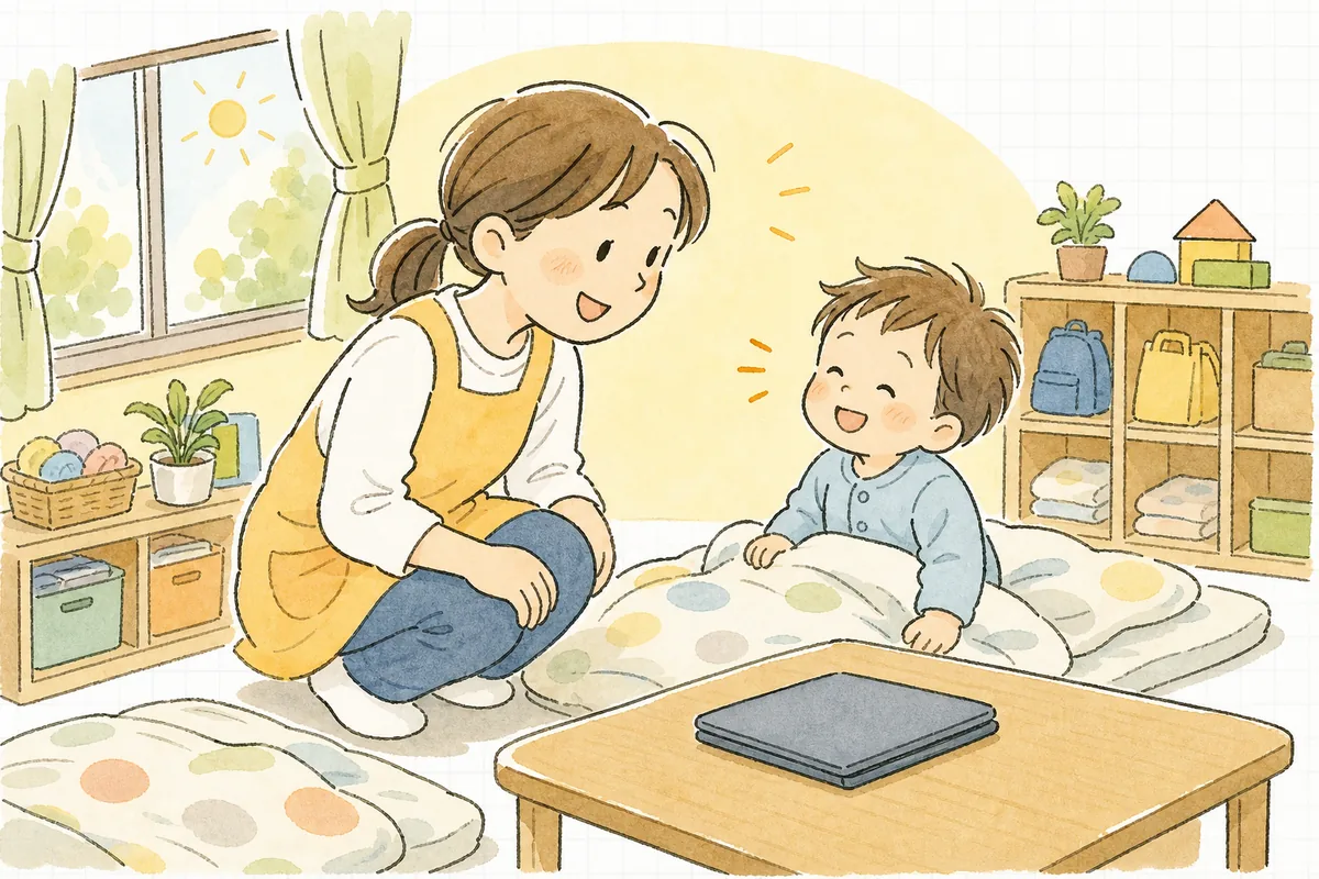 午睡明けの明るい保育室で、日誌の入力を早めに終えた保育士が、目を覚ました子どもにやさしくほほえみかけている