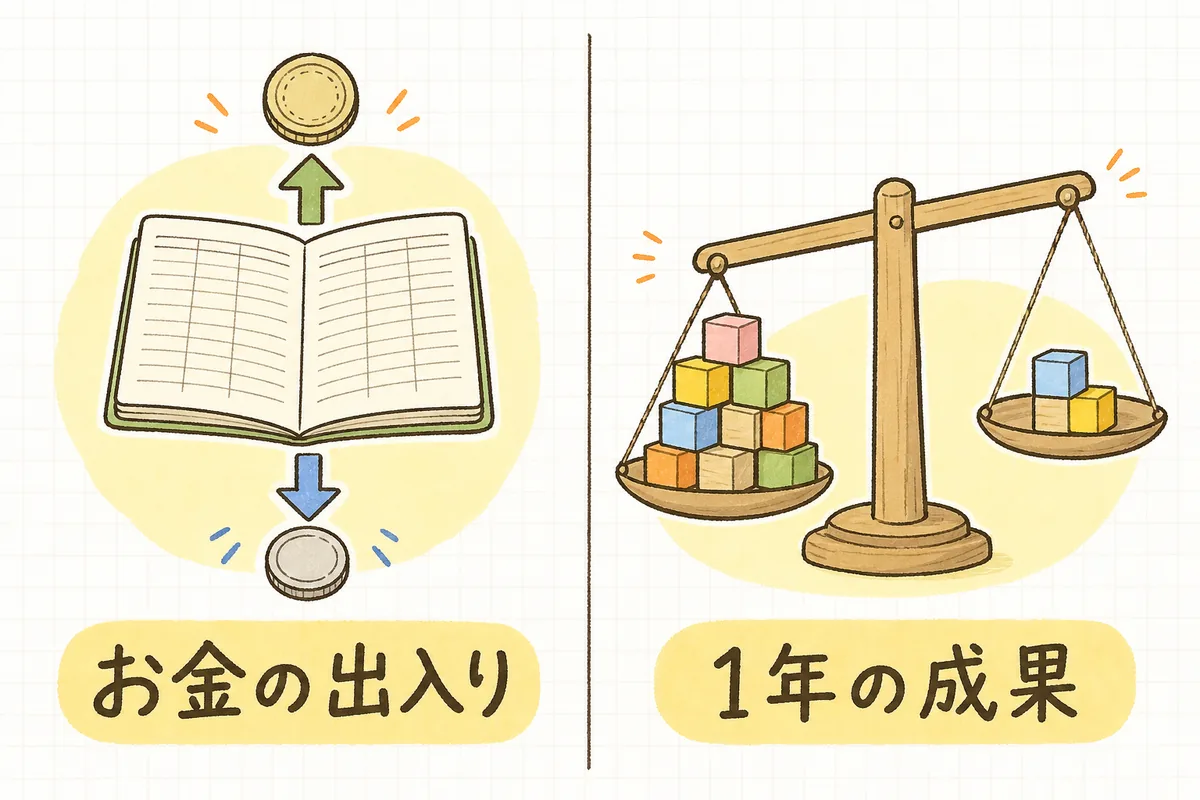 左に通帳から硬貨が出入りする絵と「お金の出入り」のラベル、右に天秤で収益と費用をくらべる絵と「1年の成果」のラベルを並べた図