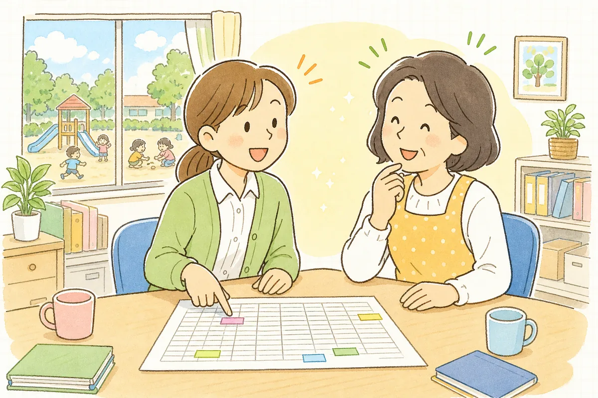 明るい午前中の保育園の事務室で、決算書を間にして、事務職員と園長が笑顔でうなずき合っている場面